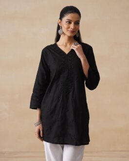 Little Wish Cotton Chikankari Solid Women's Short Kurta - Black