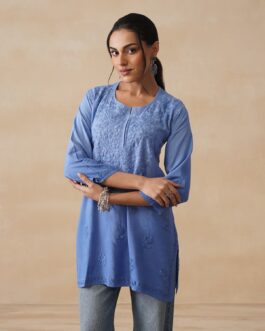 Little Wish Rayon Chikankari Solid Women's Short Kurta - Blue