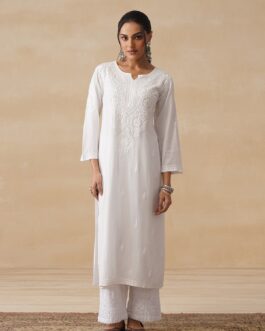 Little Wish Rayon Chikankari Solid Women's Long Kurta - White