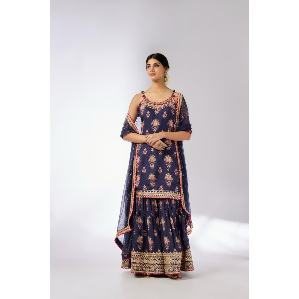 Little Wish Navy Blue Advika Strappy Sharara with Kurta and Dupatta (Set of 3)