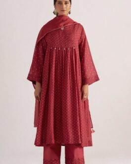 Garnet Red Bandhani Print Mul Chanderi Kurta Set