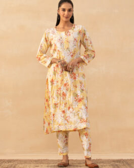 Little Wish Mulmul Chikankari Printed Women's 2 PC Long Kurta Set - Yellow