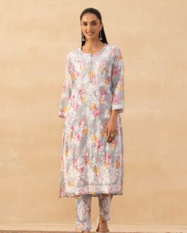 Little Wish Mulmul Chikankari Printed Women's 2 PC Long Kurta Set - Grey