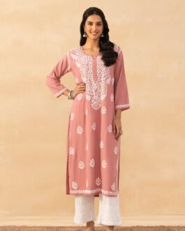 Little Wish Rayon Chikankari Solid Women's Long Kurta -Dust pink