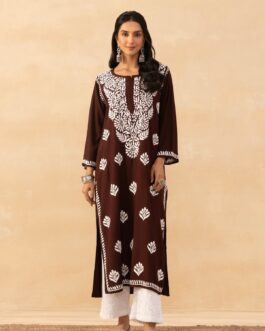 Little Wish Rayon Chikankari Solid Women's Long Kurta -Brown