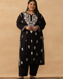 Little Wish Rayon Chikankari Solid Women's Long Kurta - Black