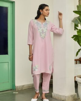 Little Wish Crafts Aari Embroidered Cotton Solid Women's 2PC Long Kurta Set - Pink