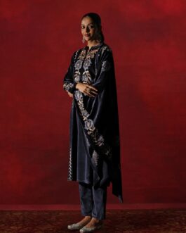 Little Wish Velvet Embroidered & Embellished Solid Women's 3 PC Kurta Set- Navy Blue