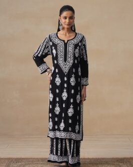 Little Wish Modal Chikankari Solid Women's 2 PC Long Kurta Set - Black