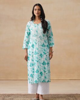 Little Wish Mulmul Chikankari Printed Women's Long Kurta - Light Blue