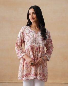 Little Wish Mulmul Chikankari Printed Women's Short Kurta - Beige