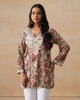 Little Wish Rayon Chikankari Printed Women's Short Kurta - Off white