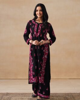 Little Wish Rayon Chikankari Solid Women's 2 PC Long Kurta Set - Black