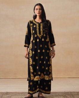 Little Wish Rayon Chikankari Solid Women's 2 PC Long Kurta Set - Black