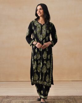 Little Wish Rayon Chikankari Solid Women's 2 PC Long Kurta Set - Black