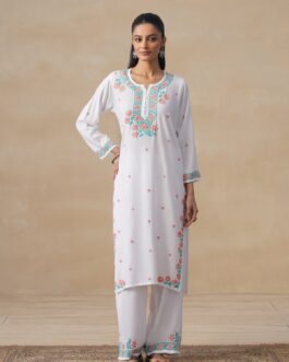 Little Wish Rayon Chikankari Solid Women's Long Kurta Set - White
