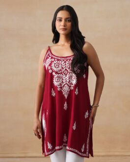 Little Wish Rayon Chikankari Solid Women's Short Kurta - Maroon