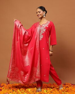 Little Wish Silk Blend Zari Embroidered With Sequins Solid Women's 3 PC Straight Kurta Set-Rose Pink