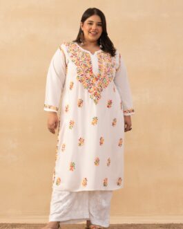 Little Wish Rayon Chikankari Solid Women's Long Kurta - White