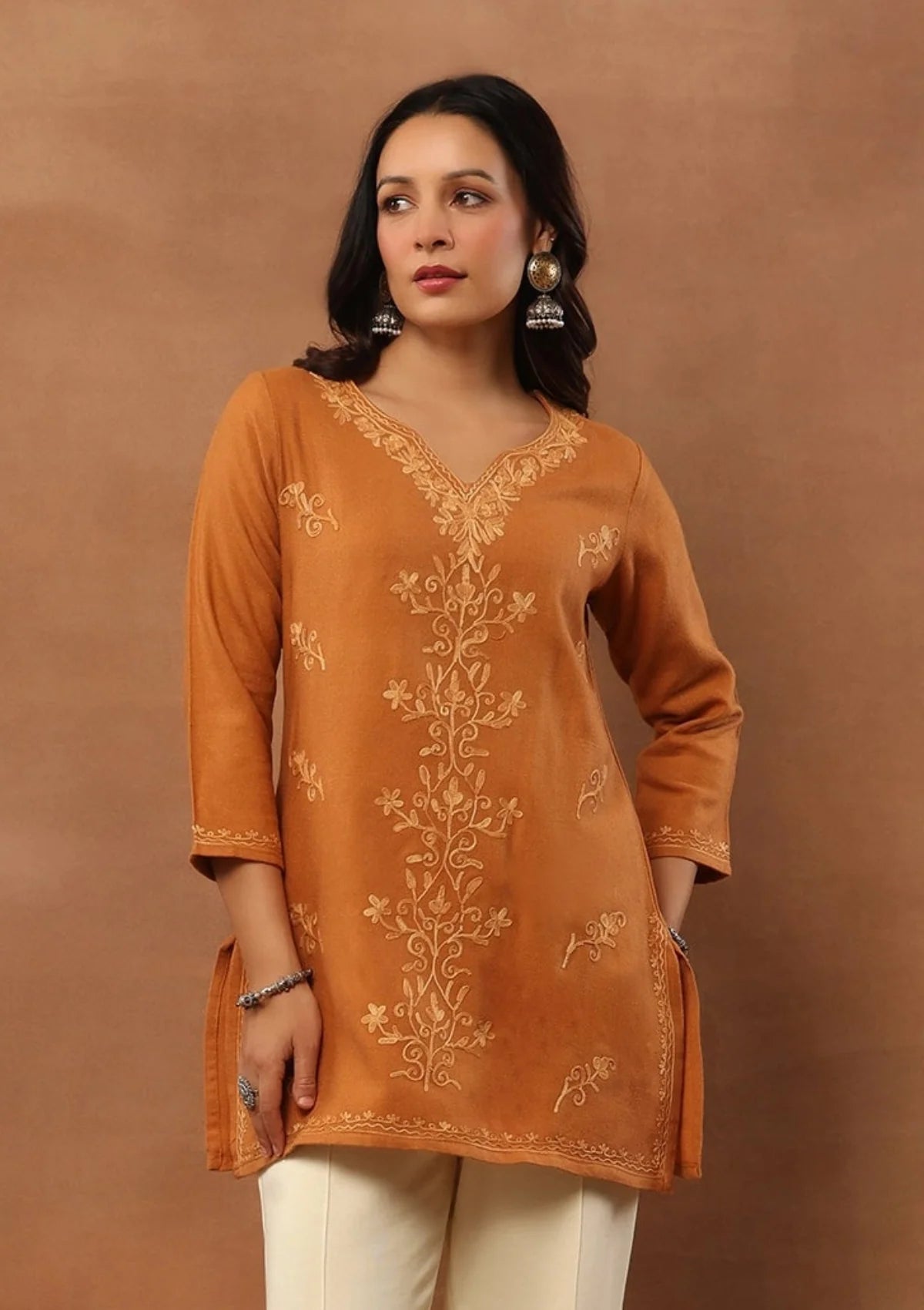 Little Wish Wool Aari Embroidered Solid Women's Short Kurta - Rust
