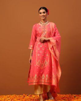 Little Wish Banarasi Chanderi Hand Weave Women's 3PC Long Kurta Set -Pink