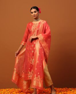 Little Wish Banarasi Chanderi Hand Weave & Hand Embellished Women's 3PC Long Kurta Set -Red