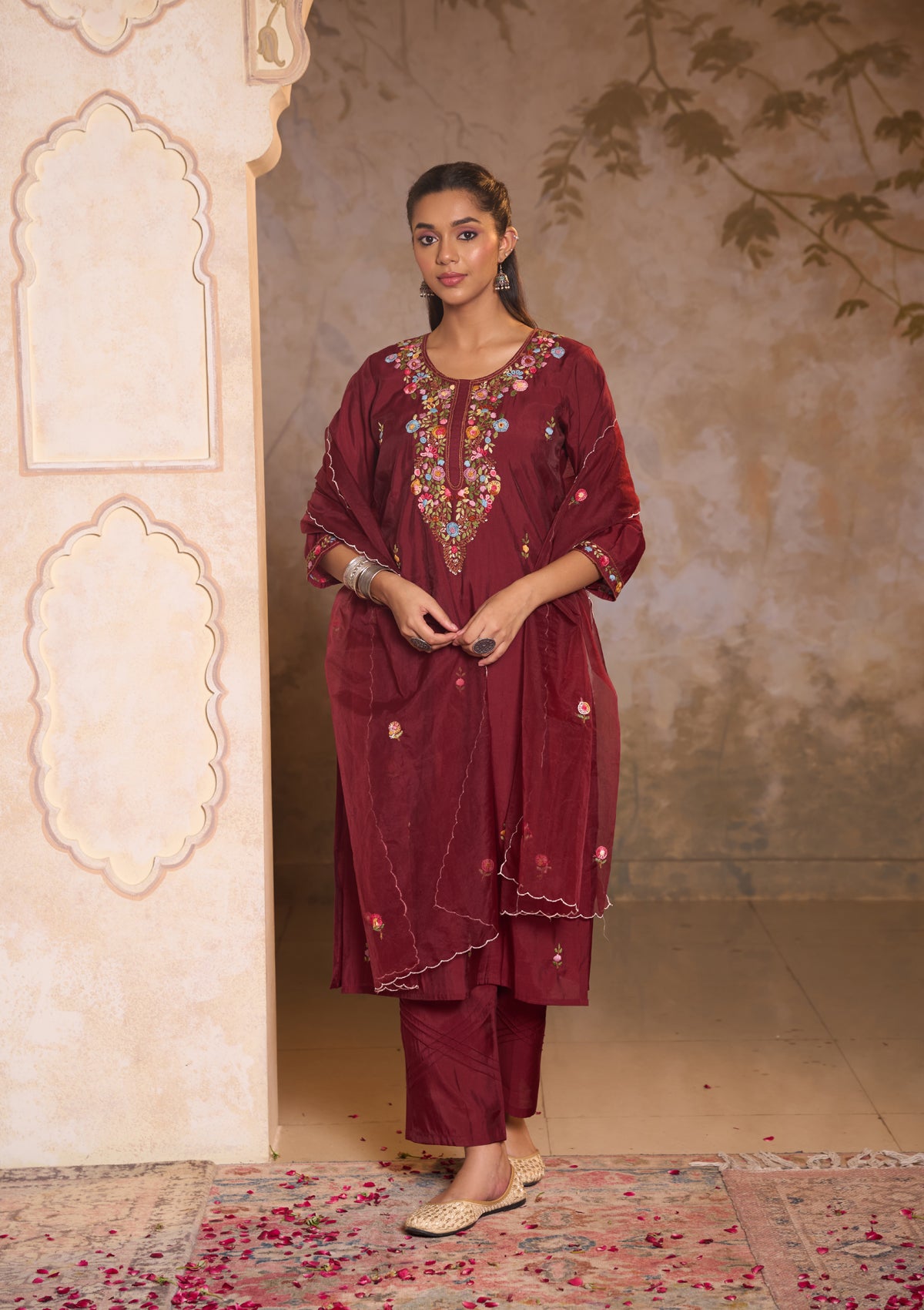 Little Wish Chanderi Blend Hand Embroidery With Sequins Solid Women's 3 PC Long Kurta Set-Maroon
