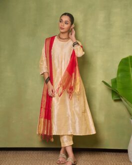 Little Wish Silk Blend Solid Women's 3 PC A-Line Kurta Set - Golden