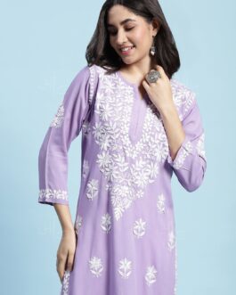 Rayon Chikankari Solid Women's Long Kurta - Purple