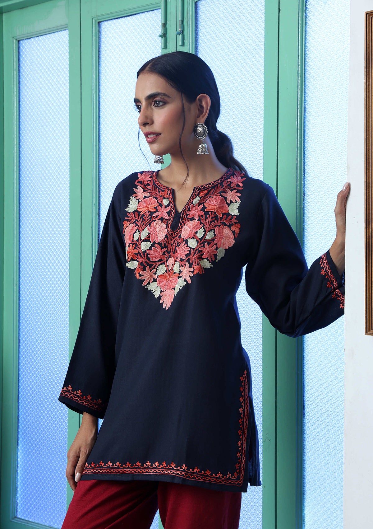 Little Wish Crafts Aari Embroidered Cotton Solid Women's Short Kurta - Navy Blue