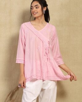 Little Wish Chanderi Chikankari Solid Women's Angrakha Short Kurta -Pink