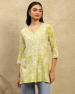 Cotton Chikankari Printed Women's Short Kurta - Green