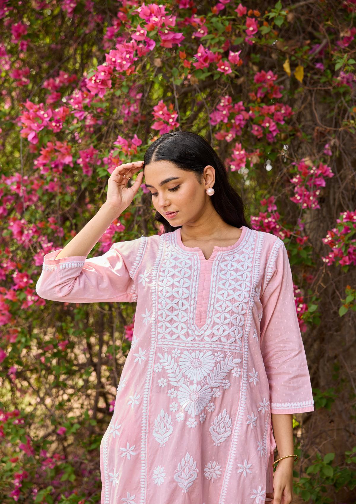 Little Wish Cotton Dobby Chikankari Solid Women's Long Kurta - Peach