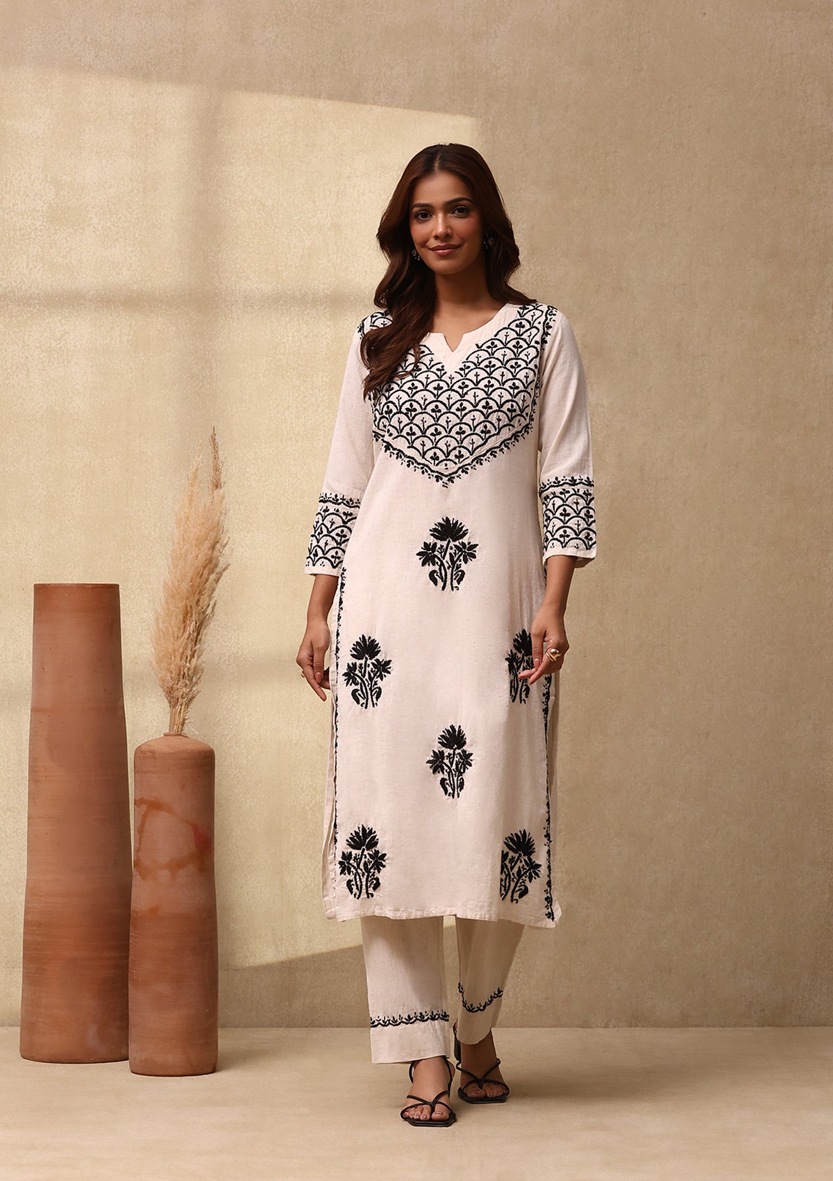 Little Wish Cotton Linen Blend Chikankari Solid Women's 2PC Long Kurta Set - Off White