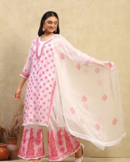 Little Wish Georgette Chikankari With Sequins Work Solid Women's 4PC Kurta Palazzo Set - White & Pink