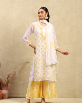 Little Wish Georgette Chikankari With Sequins Work Solid Women's 4PC Kurta Palazzo Set- White & Yellow