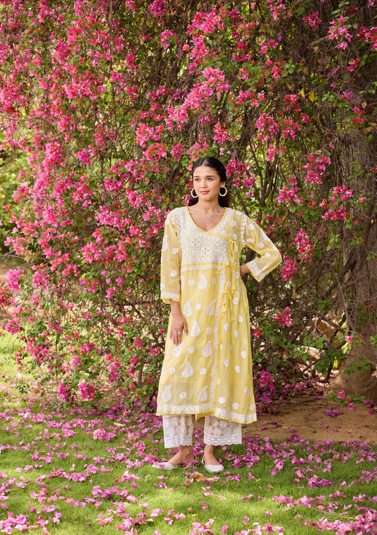 Little Wish Nazakat Kota Chikankari Solid Women's Angrakha With Inner - Yellow