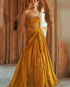 Gold Printed Organza Embroidered Corset Blouse Lehenga