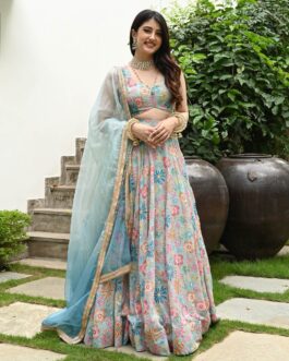 Women Multicolor Muslin Silk Digital Print With Hook Beads Lehenga Choli Set