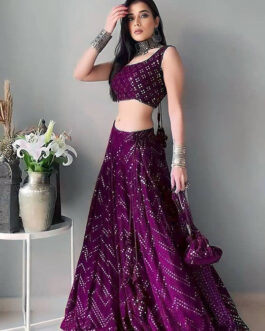 Women Wine Thread Embroidery Faux Georgette Designer Lehenga Choli With Dupatta