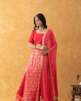 Women Red Silk Bandhani Lehenga Set