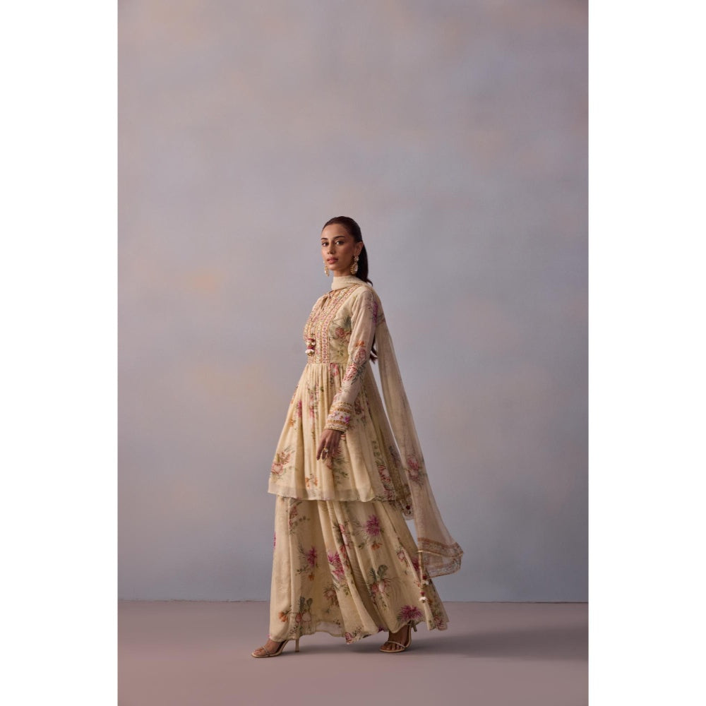 Little Wish Ayesha Ivory Floral Embellished Kurta with Sharara and Dupatta (Set of 3)