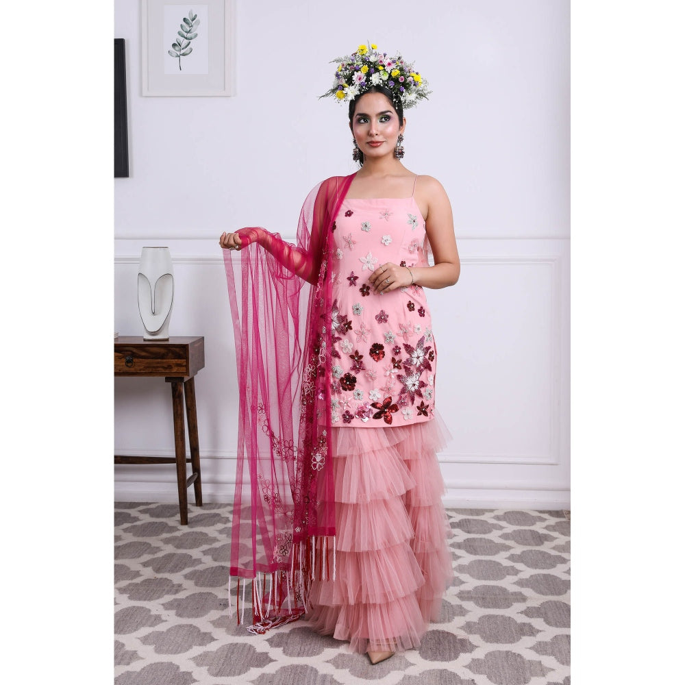 Little Wish Candy Pink Embellished Kurti with Sharara and Dupatta (Set of 3)