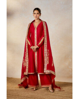 Little Wish Red Whispering Lily Embroidered Kurta with Pant and Dupatta (Set of 3)