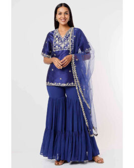Little Wish Royal Blue Kurta and Sharara with Dupatta (Set of 3)