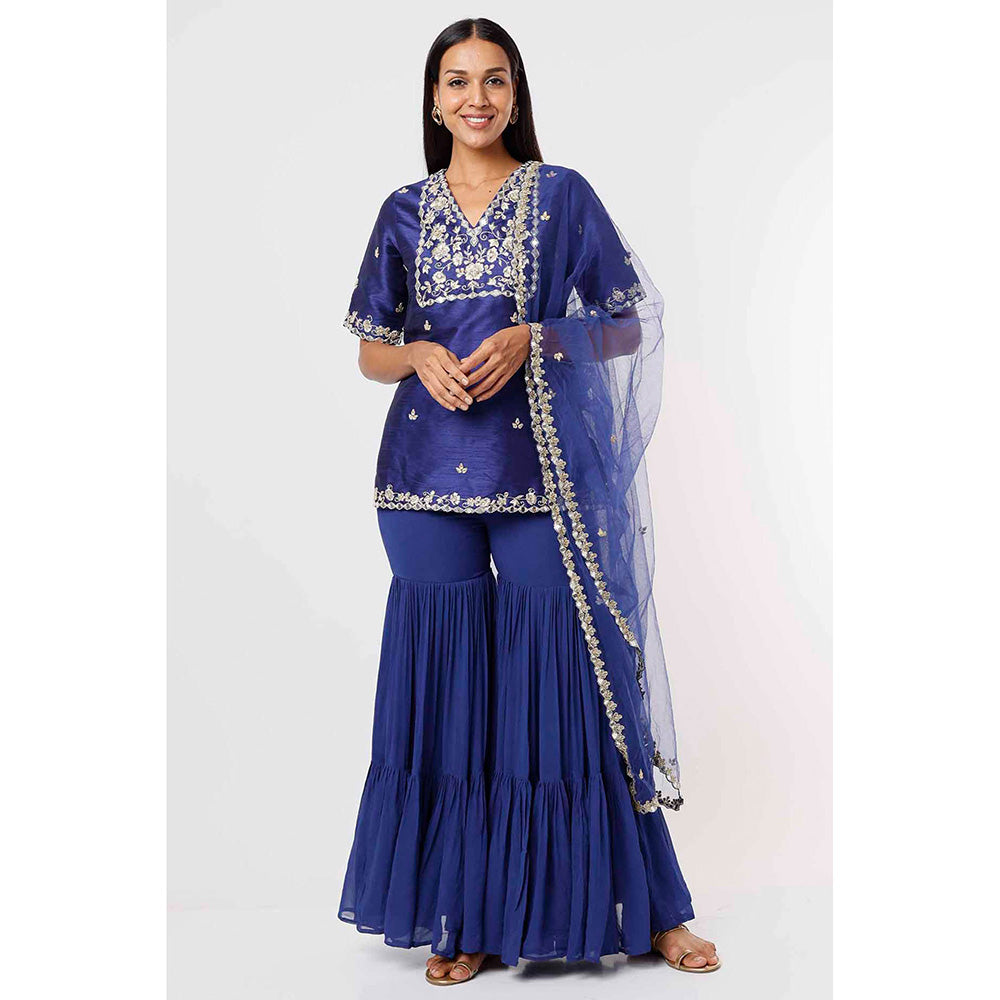 Little Wish Royal Blue Kurta and Sharara with Dupatta (Set of 3)
