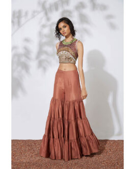 Little Wish Burnt Brown Sharara with Embroidered Crop Top (Set of 2)