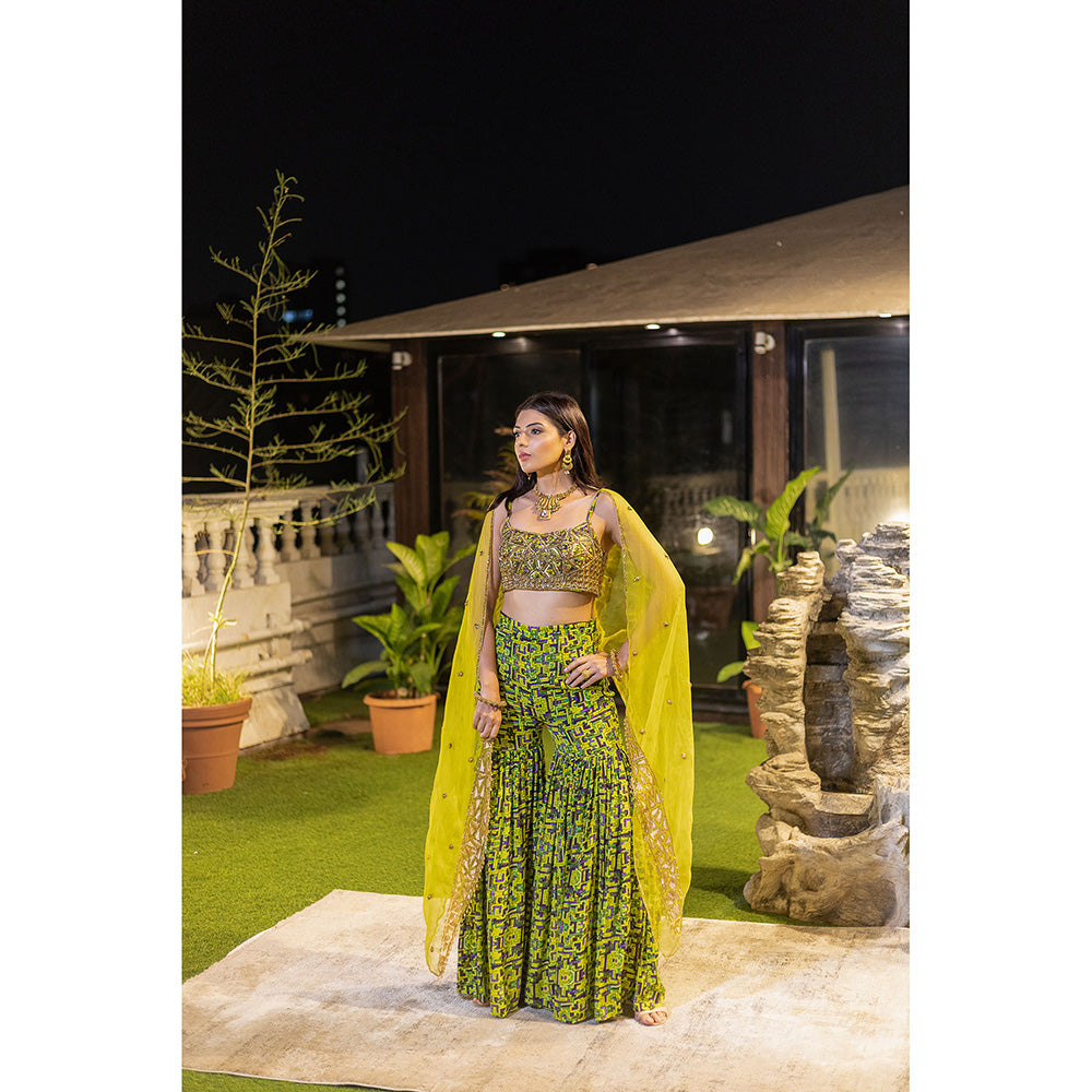 Little Wish Green Buster Sharara with Organza Cape (Set of 3)