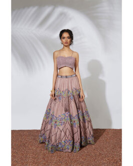 Little Wish Rose Pink Embroidered Lehenga Crop Top with Organza Ruffle Dupatta (Set of 3)