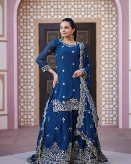 Women Blue Georgette Embroidered Straight Kurta Lehenga With Dupatta